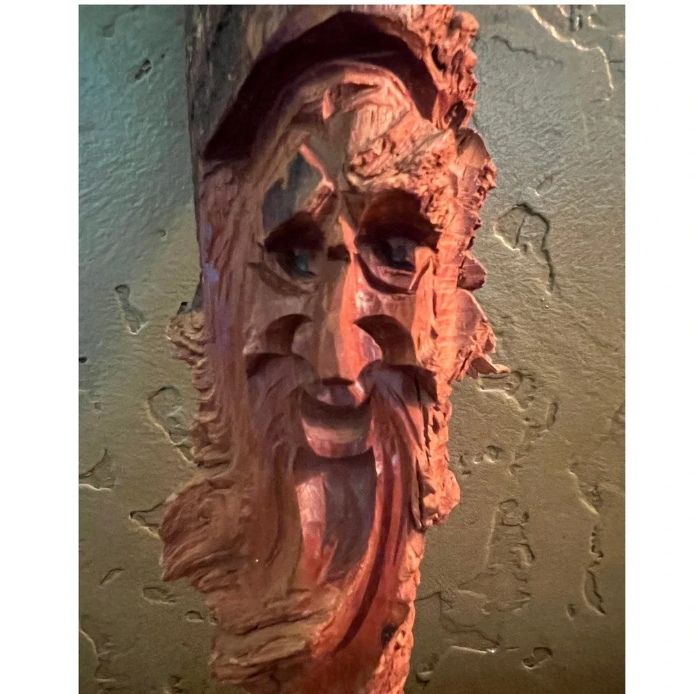 Vintage Hand Carved Wood Spirit Face Forest Wizard Folk Art Branch Carving